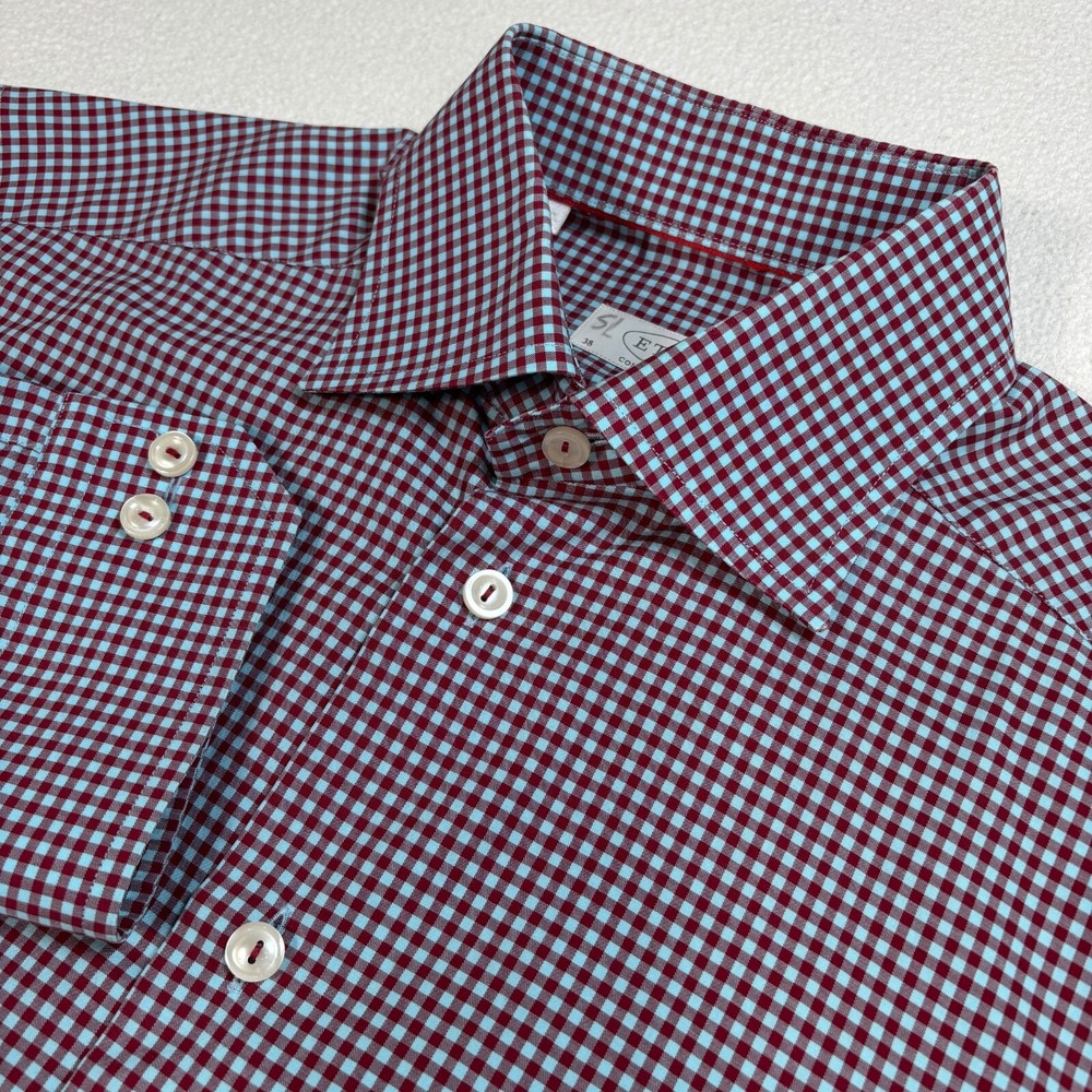 Eton Shirt Men's S‎ / 38-15 Red Blue Contemporary Gingham Plaid Cotton Button Up